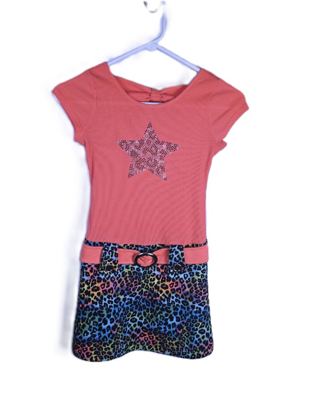 Piper Girls Dress Size L 10/12 Coral Pink Rainbow Cheetah Skirt Studded Star Bow
